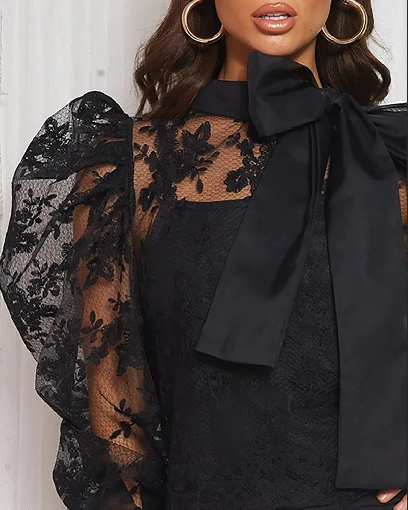 Tied Detail Crochet Lace Puff Lantern Sleeve Mesh Top