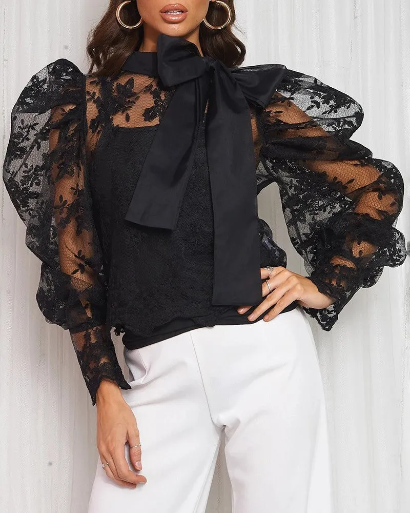 Tied Detail Crochet Lace Puff Lantern Sleeve Mesh Top