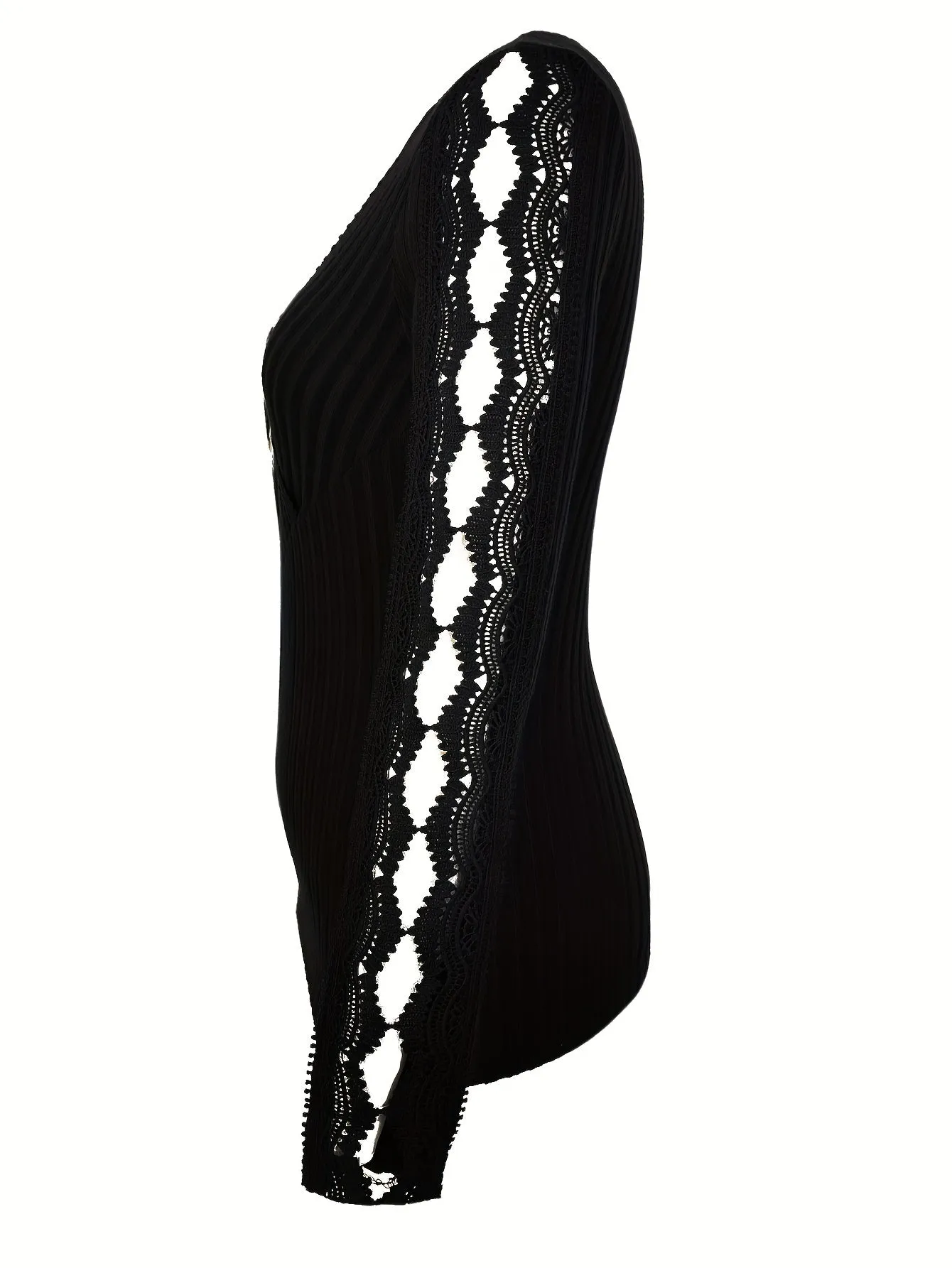 V-Neck Lace Trim Long Sleeve T-Shirt for Women