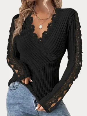 V-Neck Lace Trim Long Sleeve T-Shirt for Women