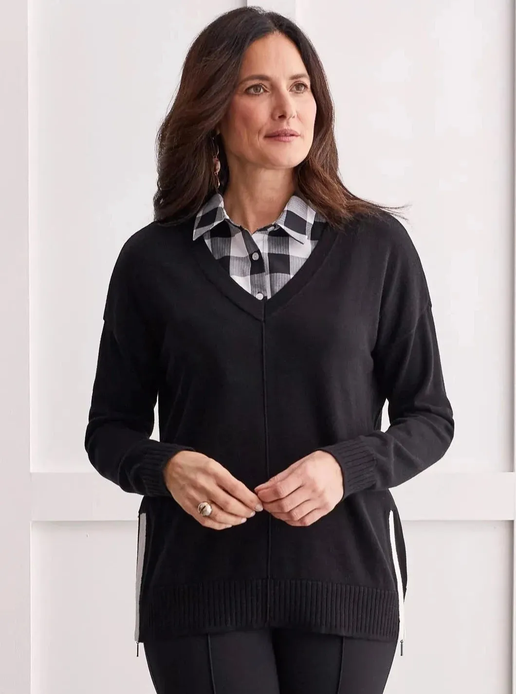 V-Neck Sweater W Zipper [Black-1495O]