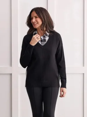 V-Neck Sweater W Zipper [Black-1495O]