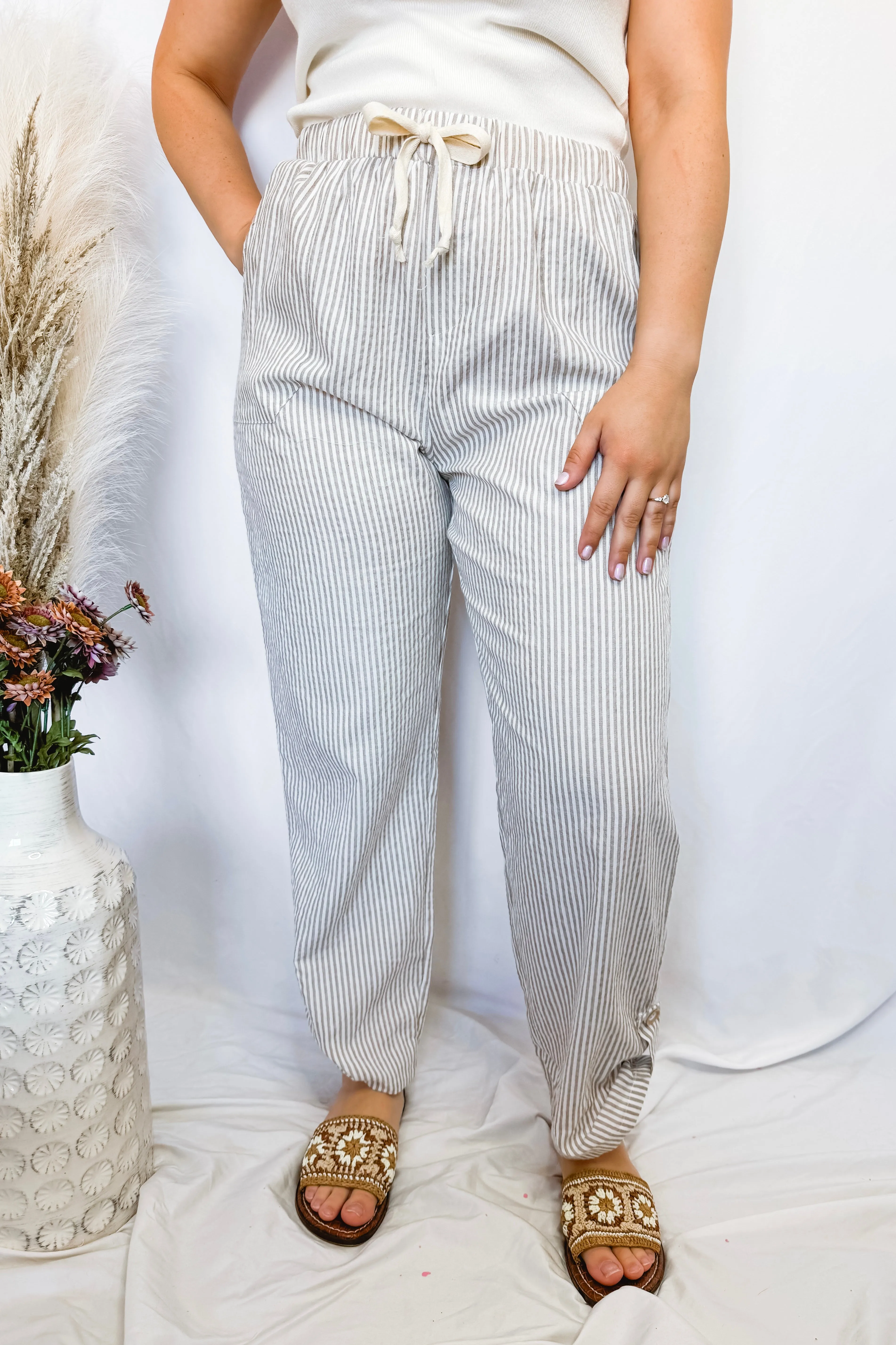 Vacay Bound Stripe Rolled Pants - Taupe/White