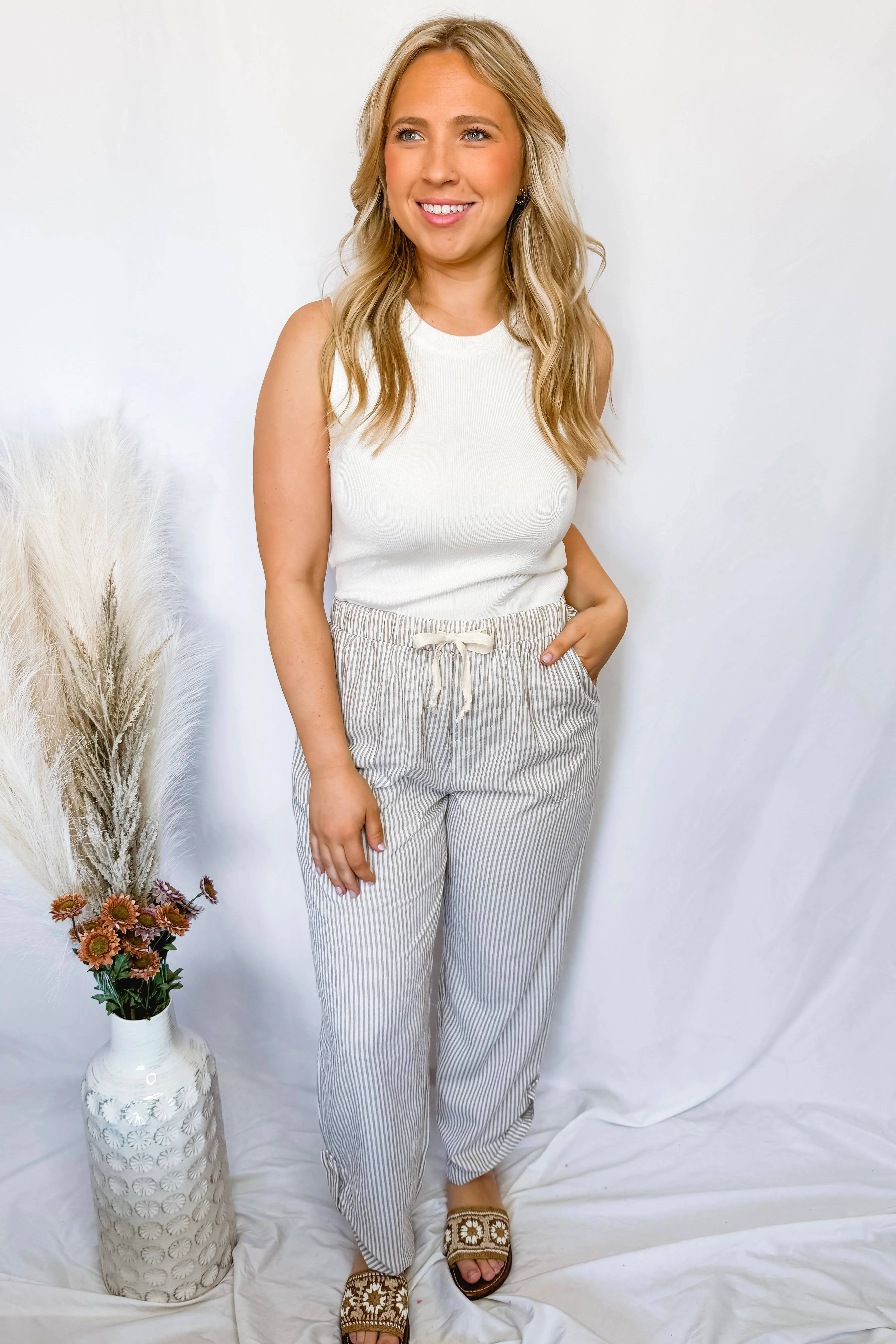 Vacay Bound Stripe Rolled Pants - Taupe/White