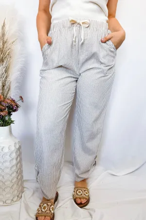 Vacay Bound Stripe Rolled Pants - Taupe/White
