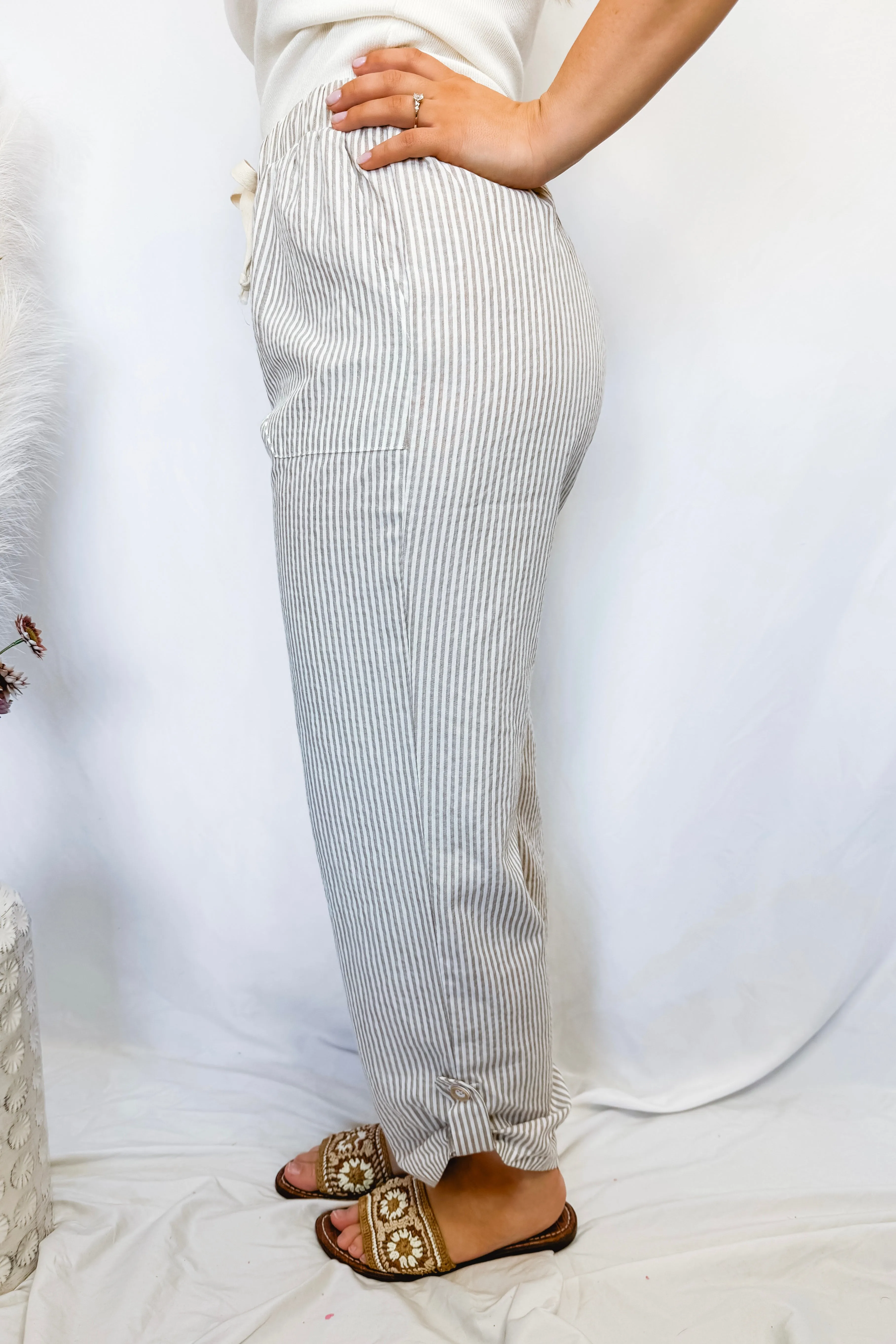 Vacay Bound Stripe Rolled Pants - Taupe/White