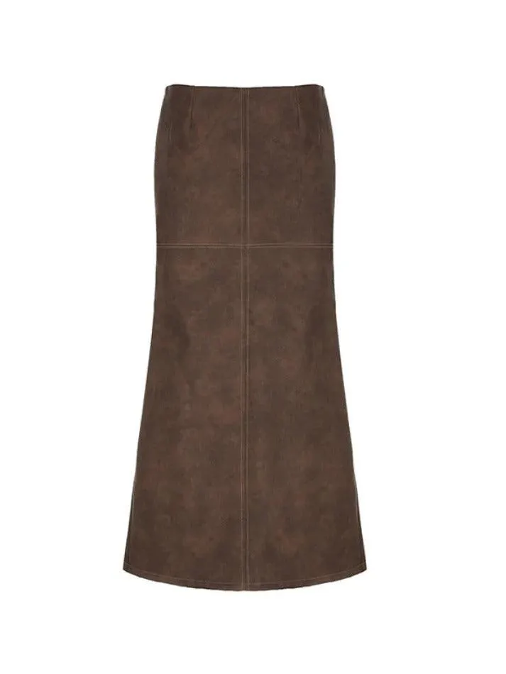Wenkouban-nye outfits Vintage Brown Back Slit Low Waist Leather Maxi Skirt 2025 fashion trends y2k style party club outfits