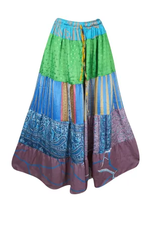 Womens Boho Maxi Skirt Blue Green Patchwork Beach Skirts S/M/L