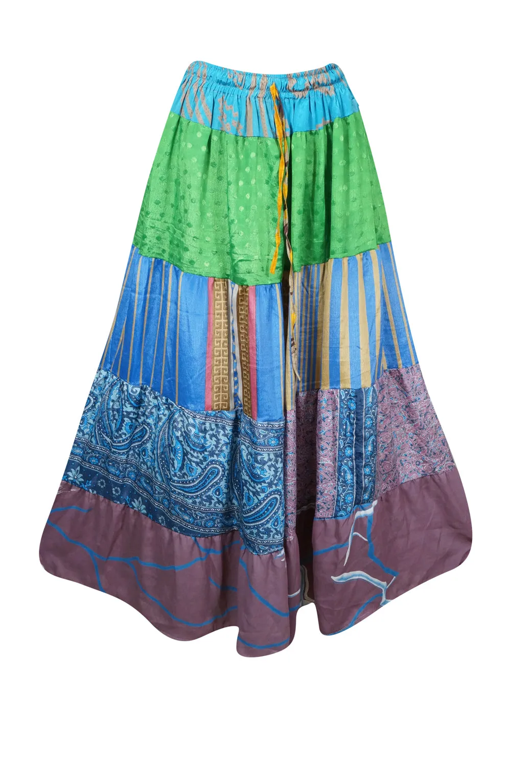 Womens Boho Maxi Skirt Blue Green Patchwork Beach Skirts S/M/L