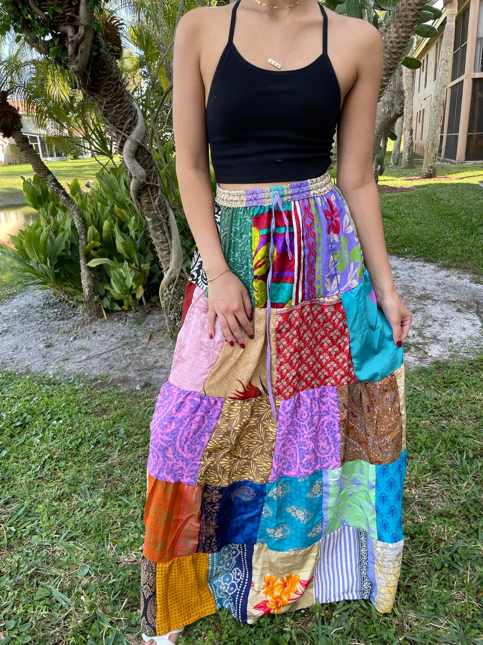 Womens Boho Maxi Skirt Multi Patchwork Beach Festival Skirts S/M/L
