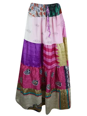 Womens Floral Patchwork Maxi Skirts Pink Purple Flared Swing Skirts S/M