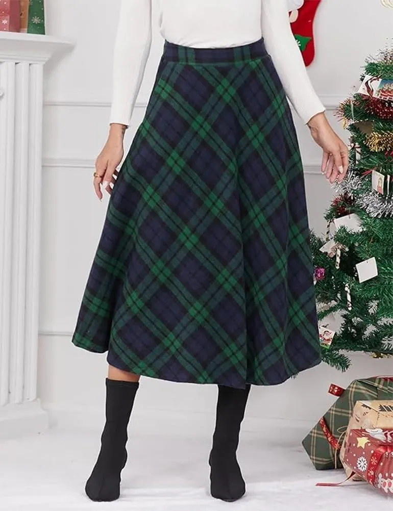 Womens Long Wool Plaid Skirts Aline High Waisted Warm Winter Skirts