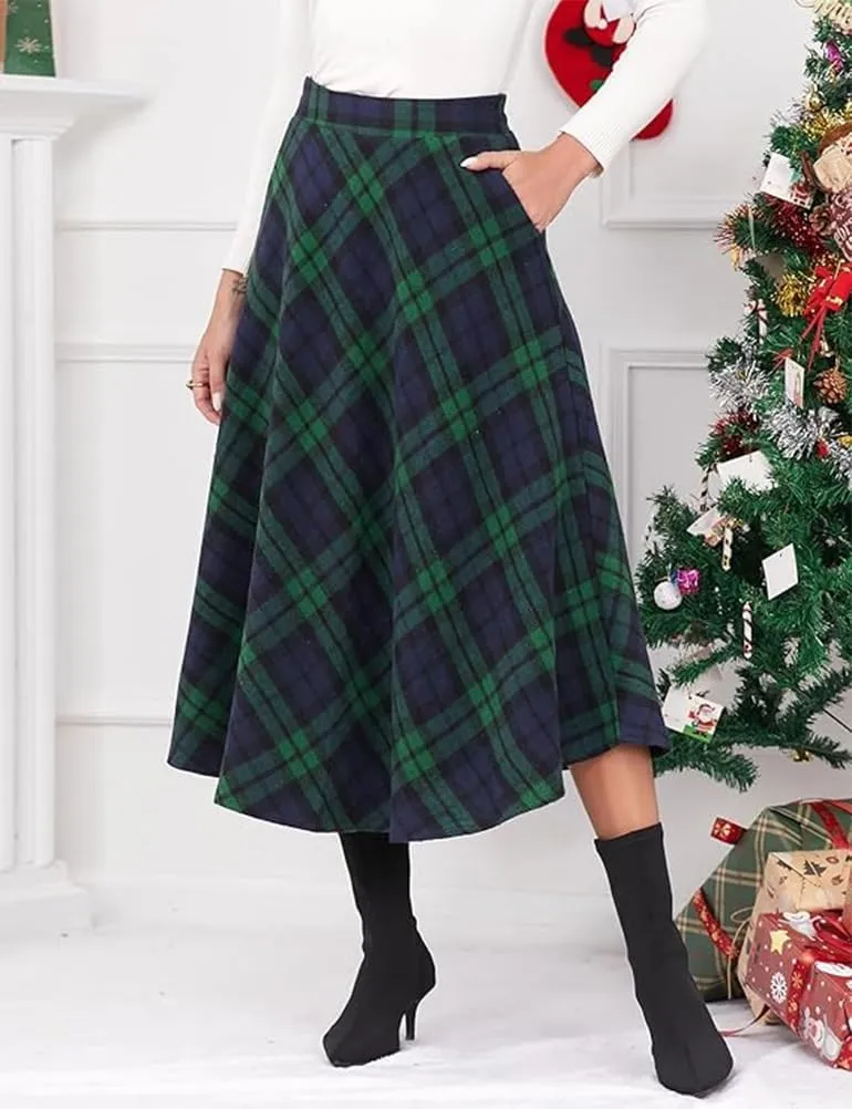 Womens Long Wool Plaid Skirts Aline High Waisted Warm Winter Skirts