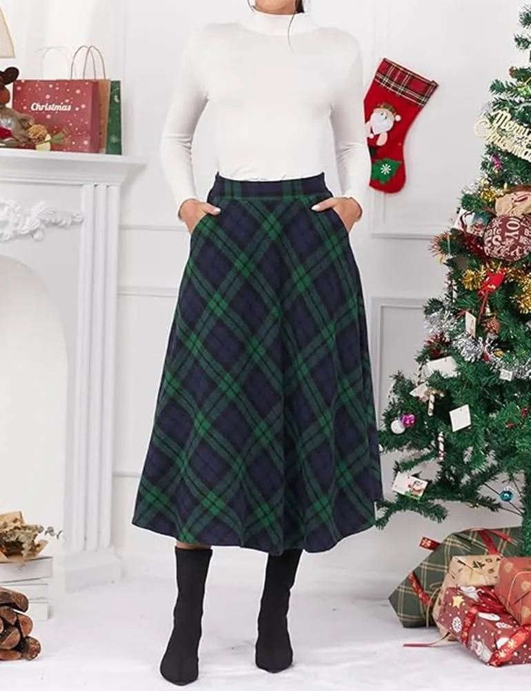 Womens Long Wool Plaid Skirts Aline High Waisted Warm Winter Skirts