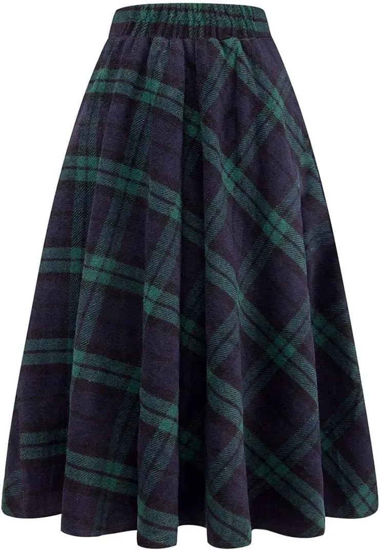 Womens Long Wool Plaid Skirts Aline High Waisted Warm Winter Skirts