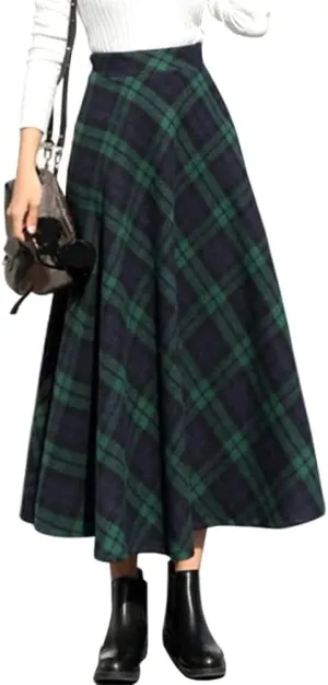 Womens Long Wool Plaid Skirts Aline High Waisted Warm Winter Skirts