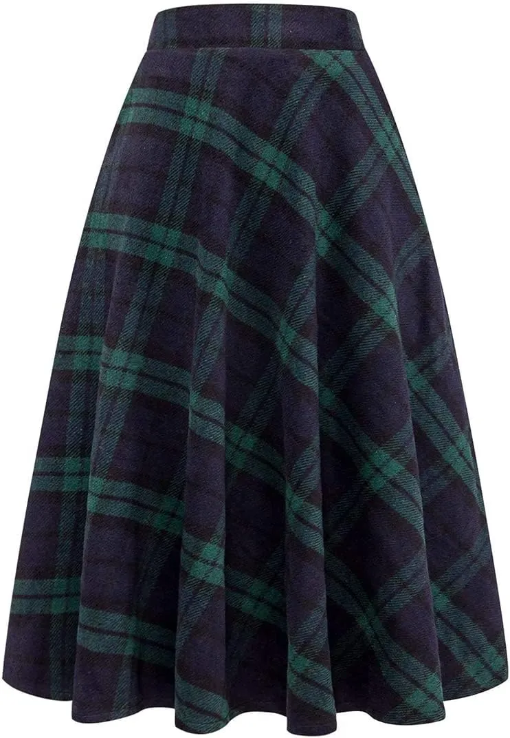 Womens Long Wool Plaid Skirts Aline High Waisted Warm Winter Skirts