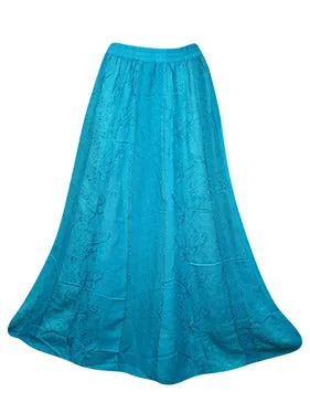 Womens Maxi Skirt, Blue Embroidered Hippie Vintage Retro Maxi Skirts S/M/L