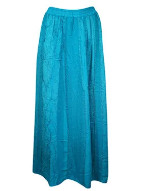 Womens Maxi Skirt, Blue Embroidered Hippie Vintage Retro Maxi Skirts S/M/L