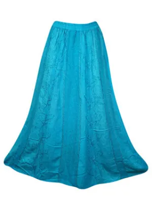 Womens Maxi Skirt, Blue Embroidered Hippie Vintage Retro Maxi Skirts S/M/L