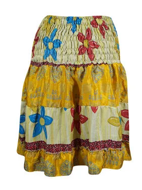 Womens Summer Skirt, Multi Yellow Beach Hippy Recycle Silk Sari Gypsy Skirts S/M